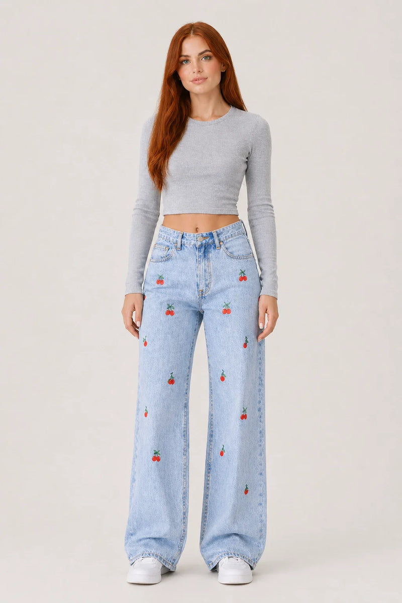 Cherry Jeans – Embroidered Wide Leg Blue Denim