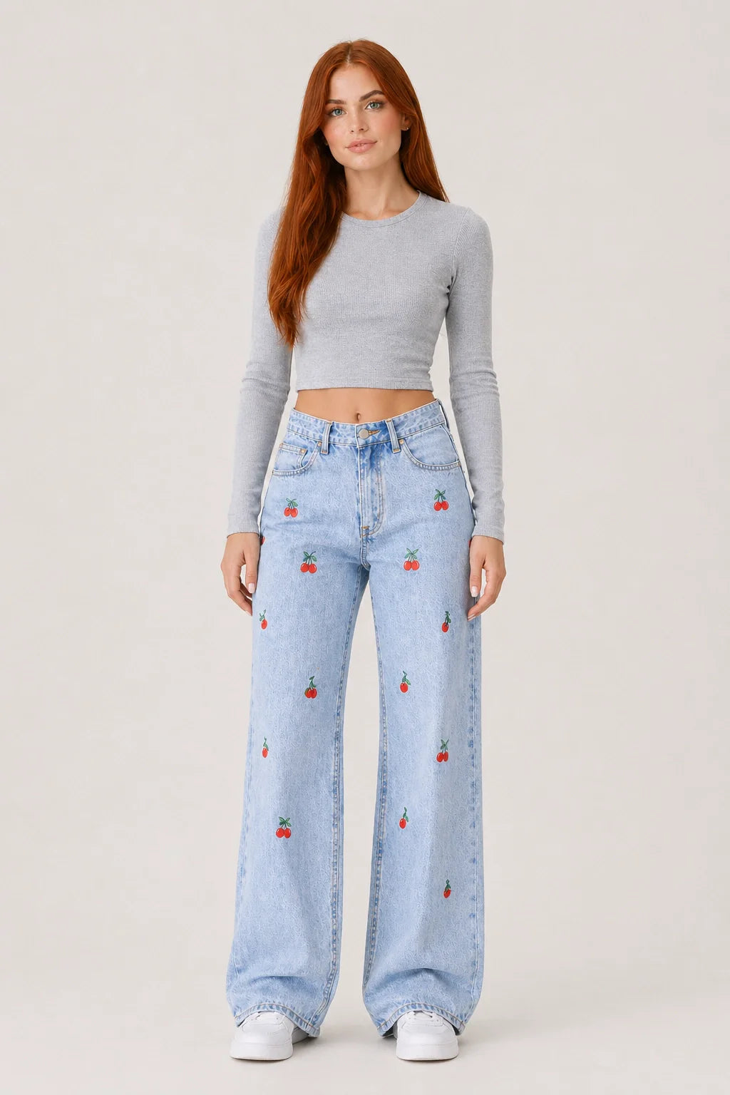 Cherry Jeans – Embroidered Wide Leg Blue Denim