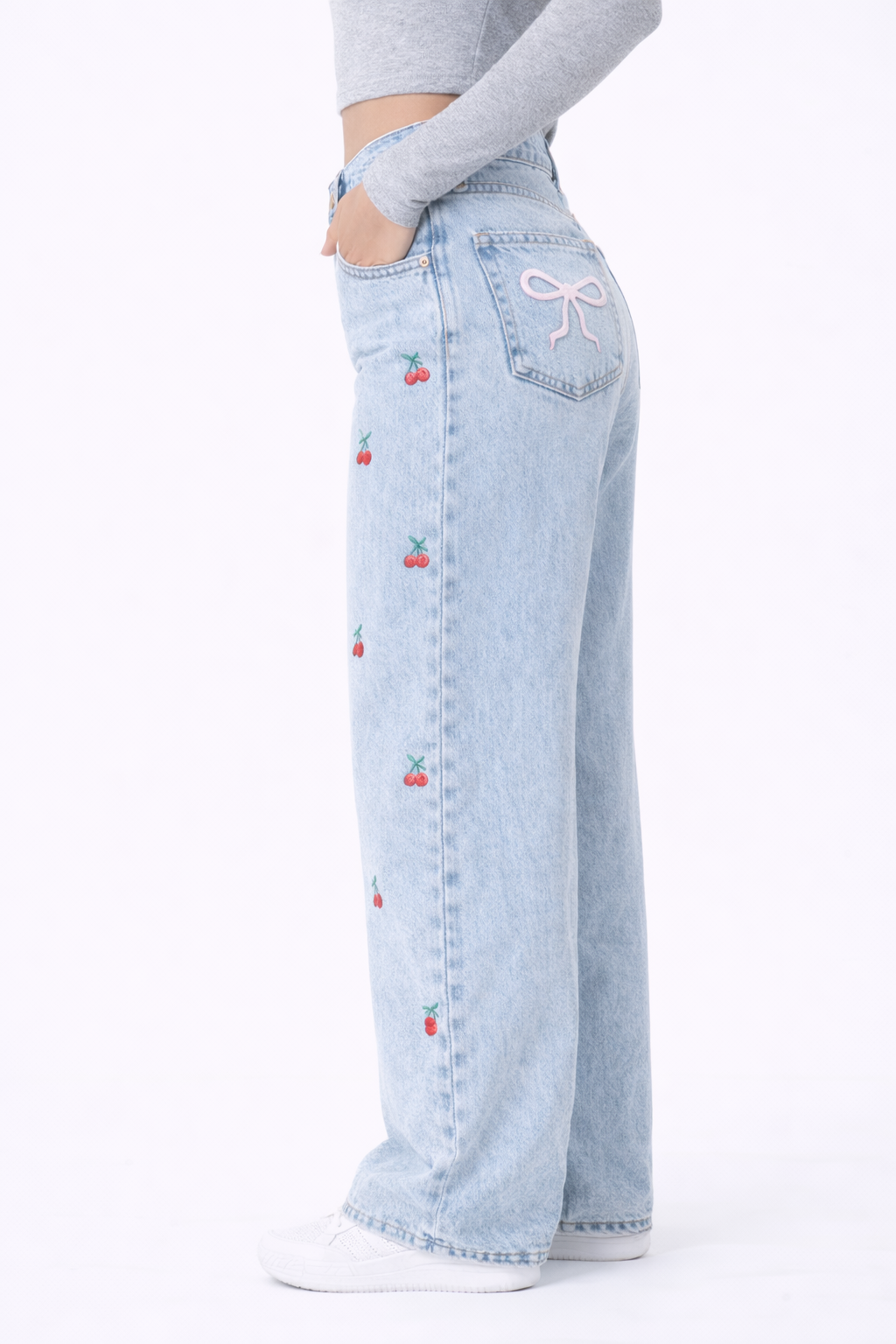 Cherry Jeans – Embroidered Wide Leg Blue Denim