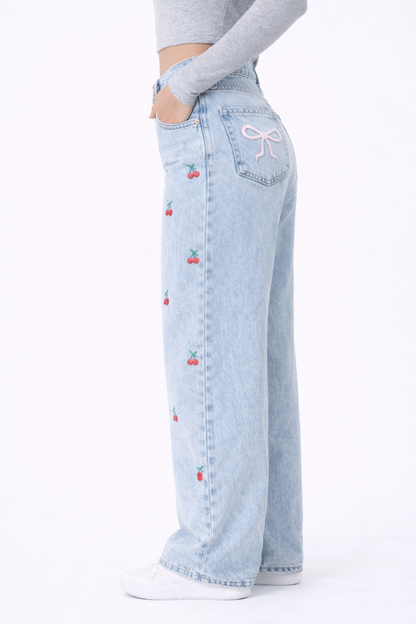 Cherry Jeans – Embroidered Wide Leg Blue Denim