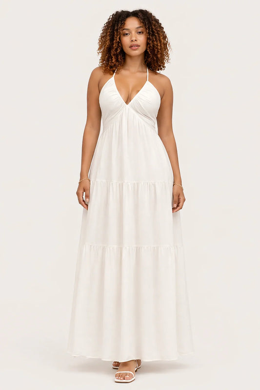 Celeste Dress – White Halter Maxi Dress Flowy