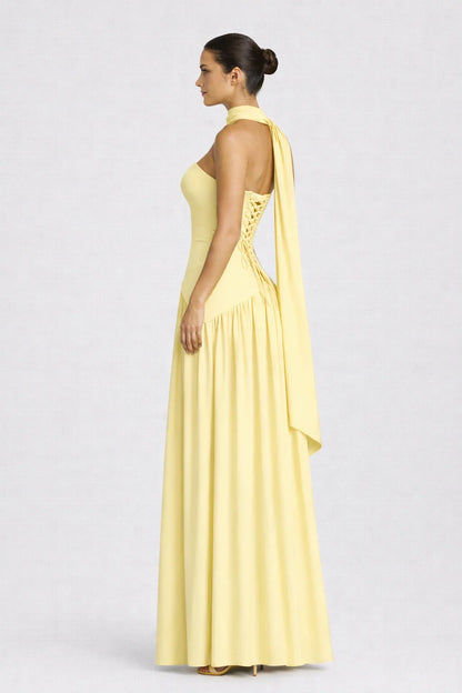 Elara Dress – Strapless Draped Maxi Dress High Slit