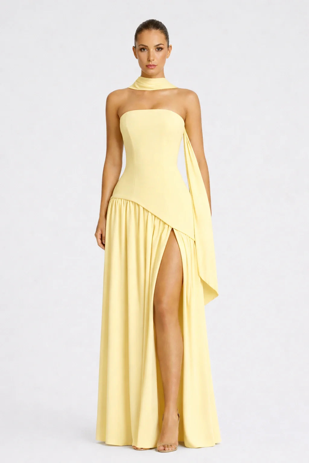 Elara Dress – Strapless Draped Maxi Dress High Slit