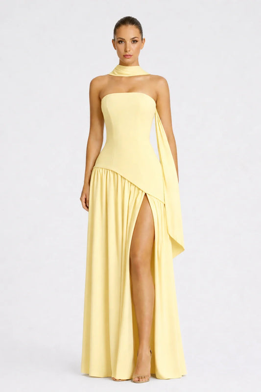 Elara Dress – Strapless Draped Maxi Dress High Slit