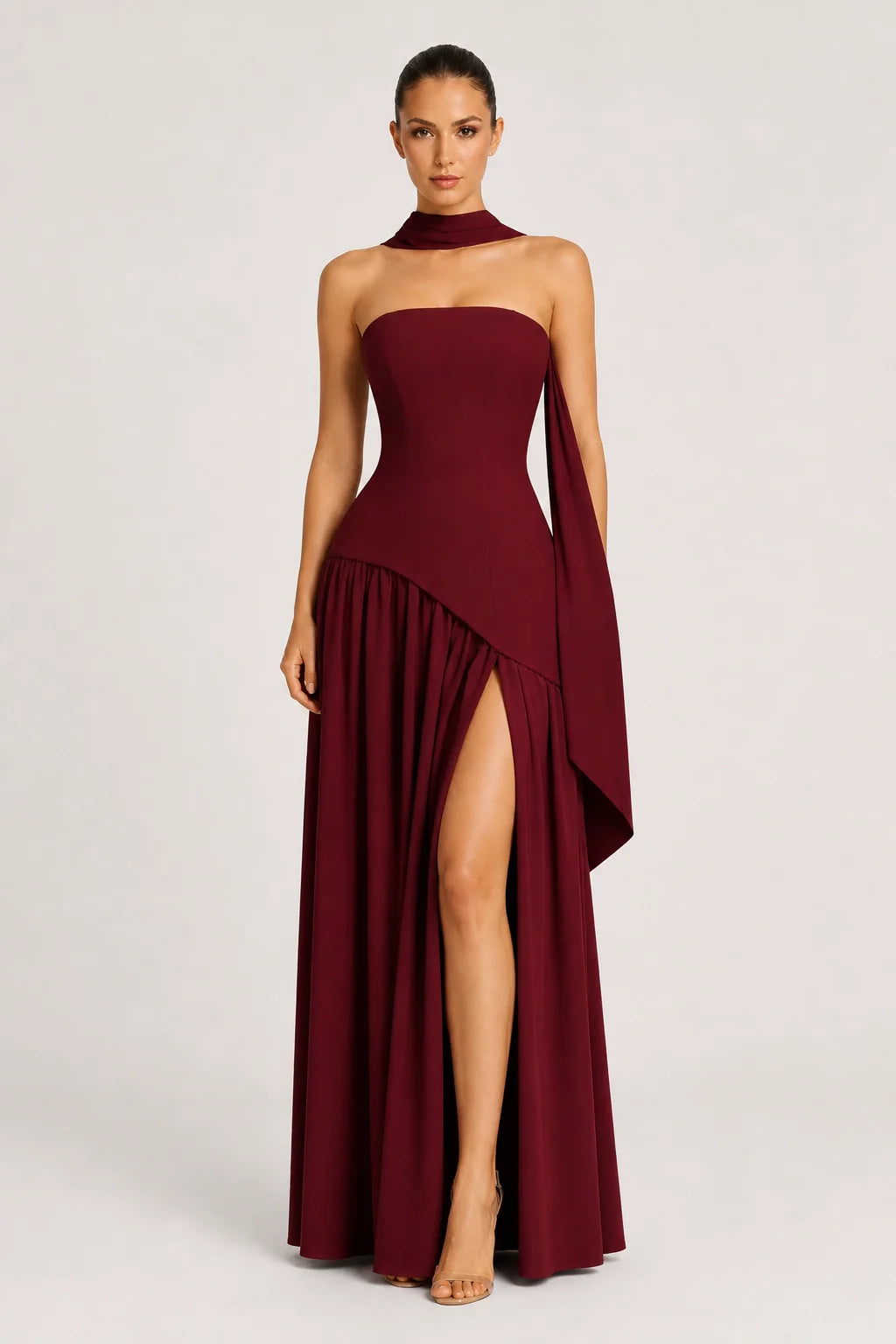 Elara Dress – Strapless Draped Maxi Dress High Slit