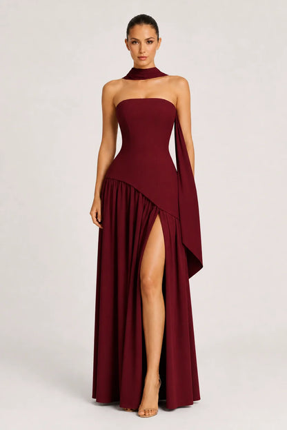 Elara Dress – Strapless Draped Maxi Dress High Slit