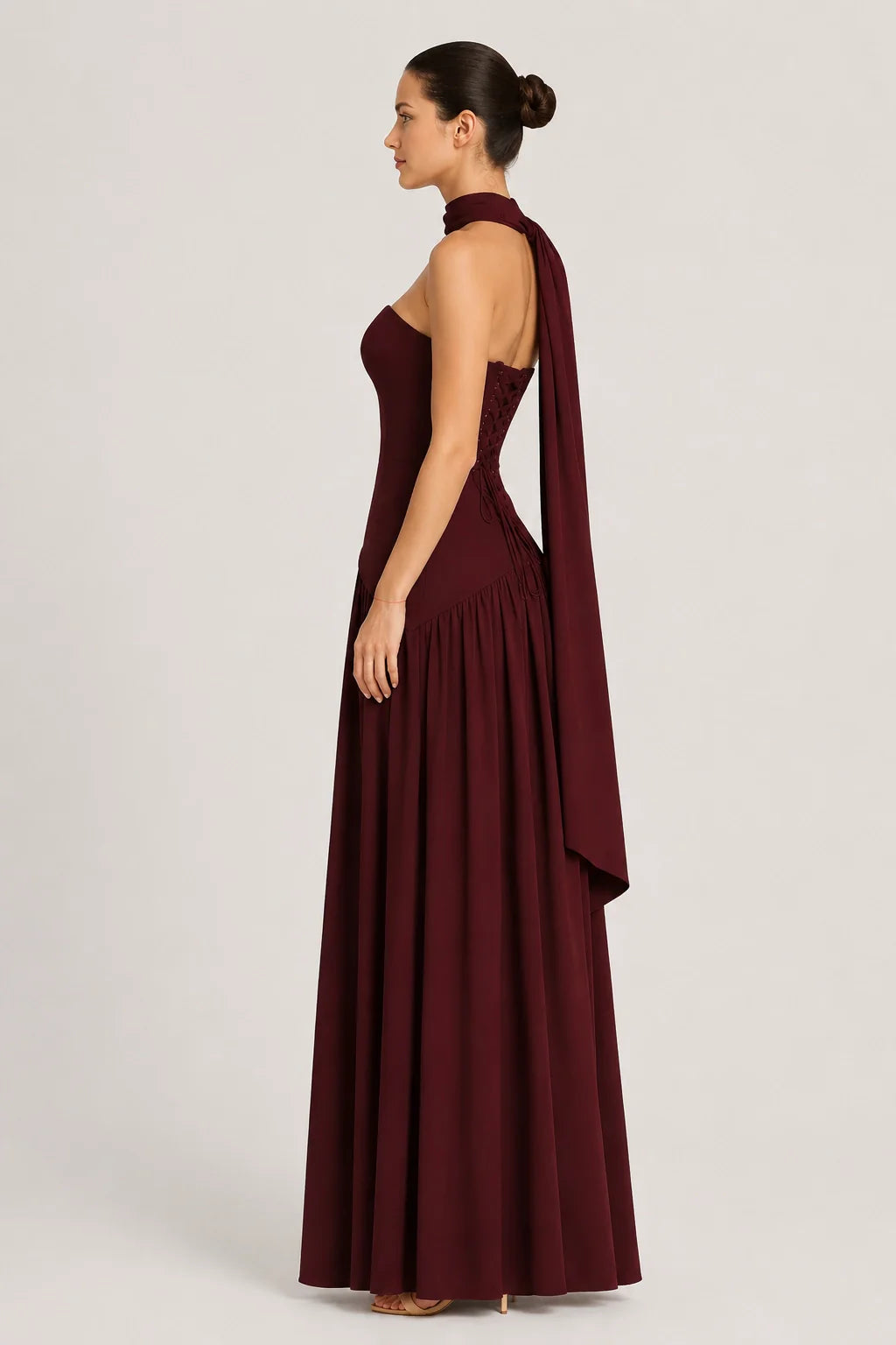 Elara Dress – Strapless Draped Maxi Dress High Slit
