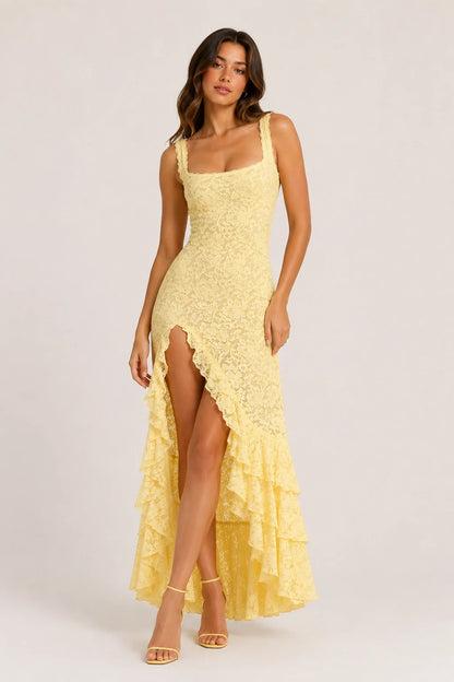 Flora Dress – Lace Maxi Dress Ruffles High Slit