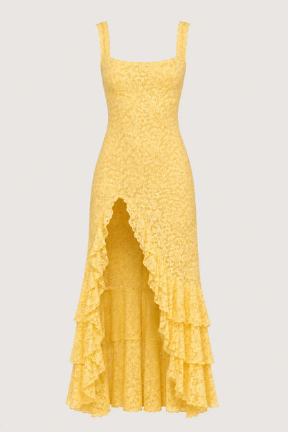 Flora Dress – Lace Maxi Dress Ruffles High Slit