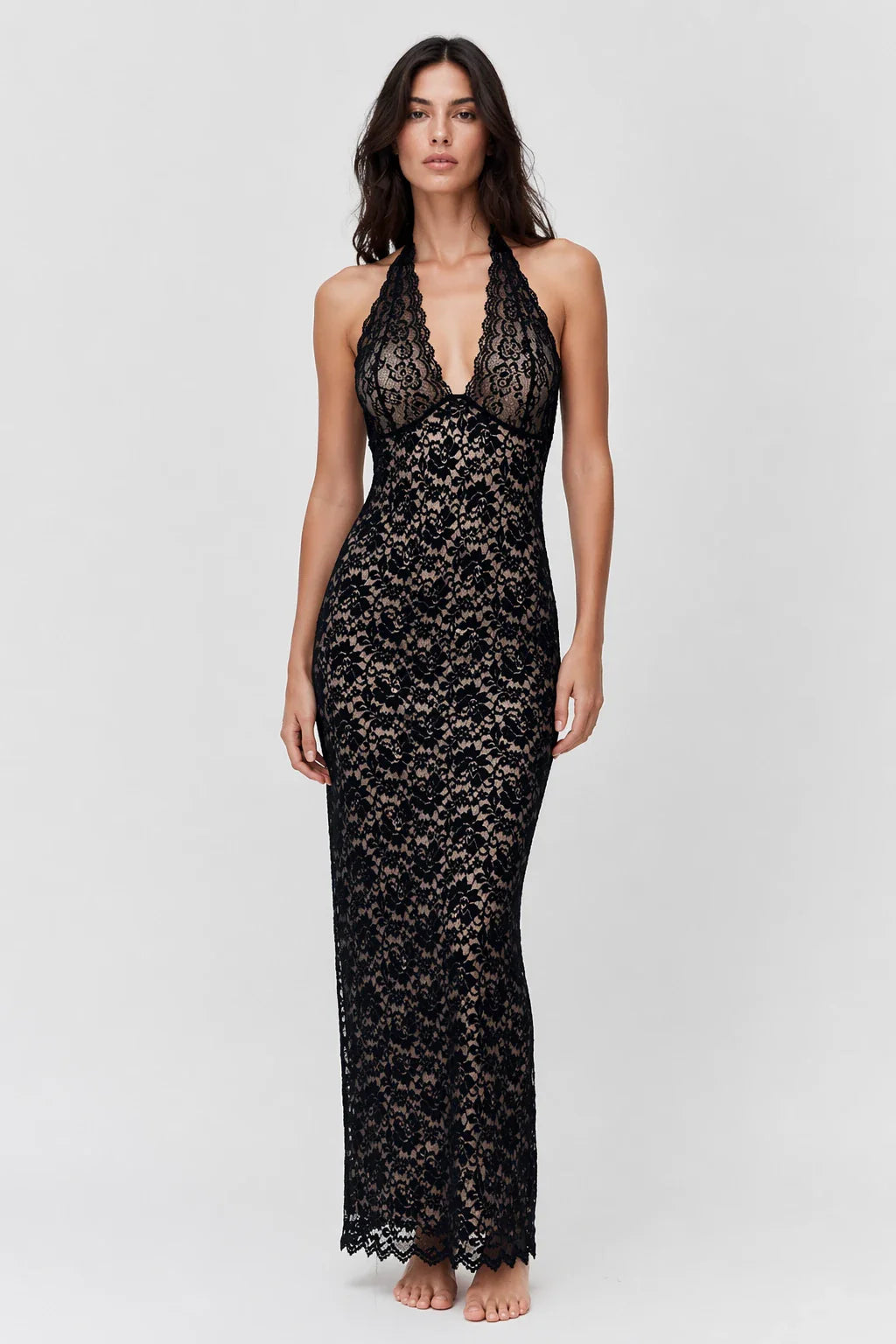 Obsidian Dress – Black Lace Halter Maxi Open Back